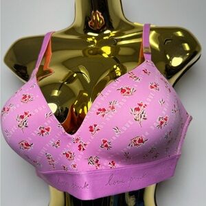 PINK Victoria's Secret Pink Floral Wireless Bralette with Red Accents